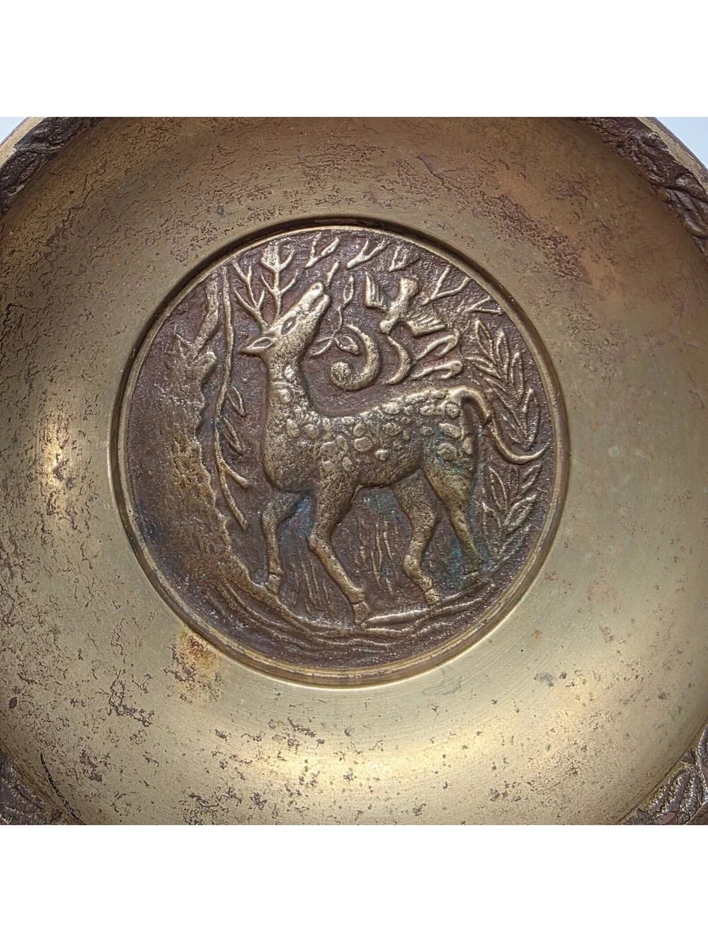 Vintage Korean Brass Stag Trinket Bowl Woodland Catchall Dish 4 7/8 Inch